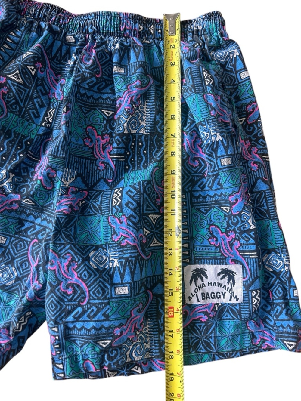 VTG 90'S BLACK BLUE ALOHA HAWAIIAN BAGGY SHORTS GRAPHIC TIKI GECKO PRINT Small - Picture 7 of 7